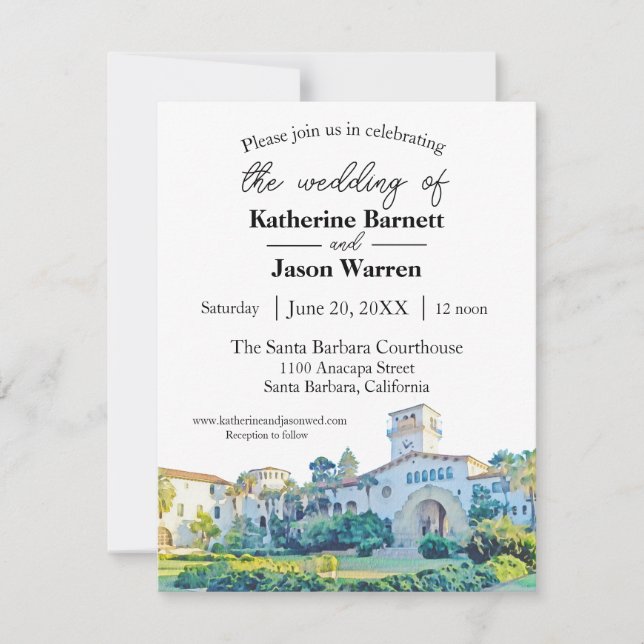 Santa Barbara Courthouse Watercolor Wedding Invitation (Front)