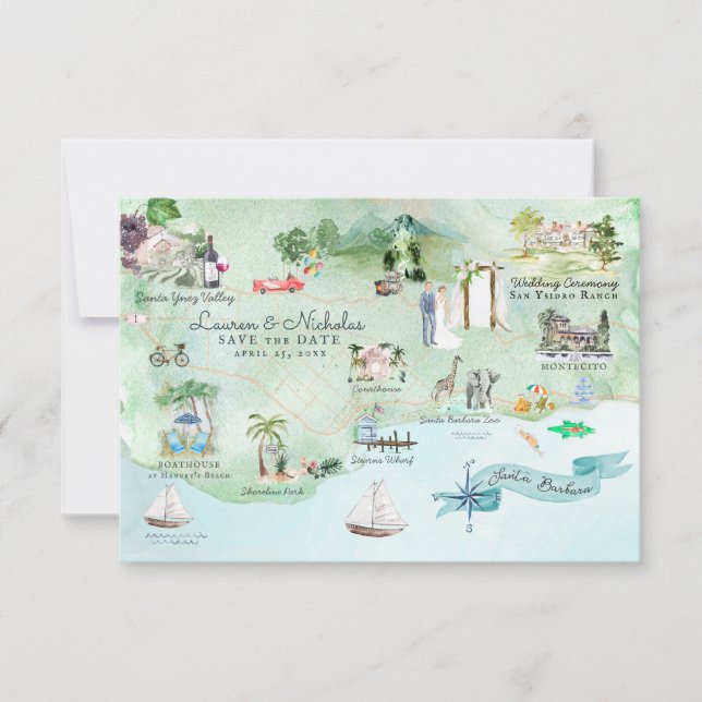 Santa Barbara | Destination Wedding Itinerary Map Invitation (Front)