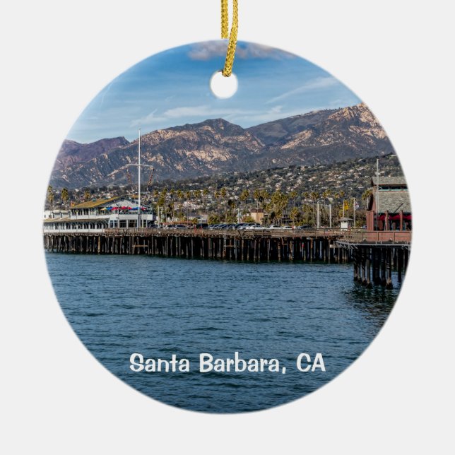 Santa Barbara, Stearns Wharf & Harbour Ceramic Ornament (Front)