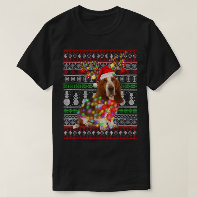 Santa Basset Hound Dog Christmas Lights Ugly Xmas  T-Shirt (Design Front)