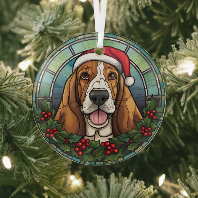 Santa Basset Hound Dog Christmas Stained Glass Ornament (Insitu)