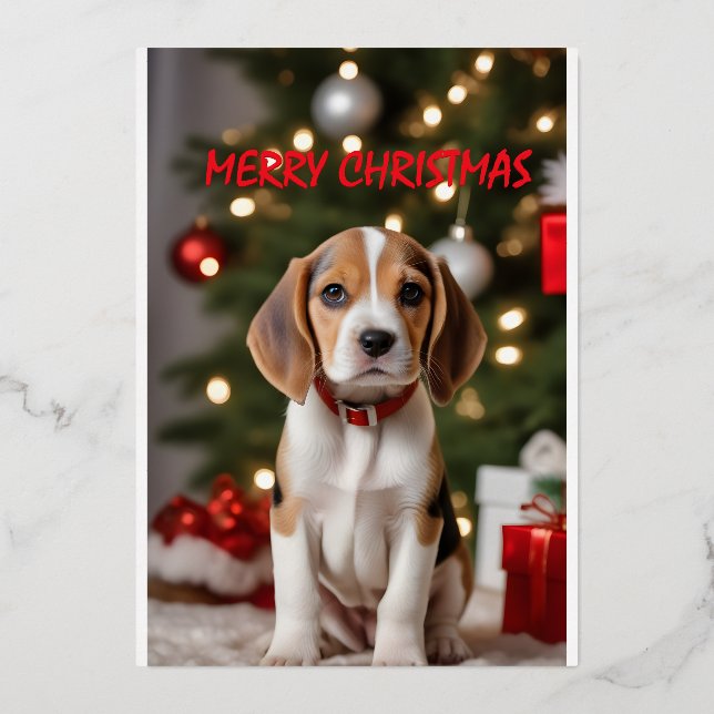 Santa Beagle Cute Dog Merry Christmas Foil Holiday Card (Front)