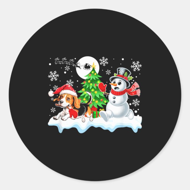 Santa Beagle Snowman Running Friends Christmas Own Classic Round Sticker (Front)