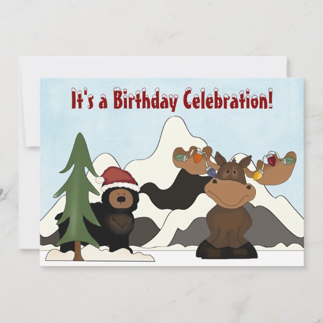 Santa Bear and Holiday Moose Mountain Birthday Invitation (Front)