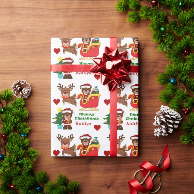 Santa Bear Sleigh Personalized Kids Wrapping Paper (Holiday Gift)