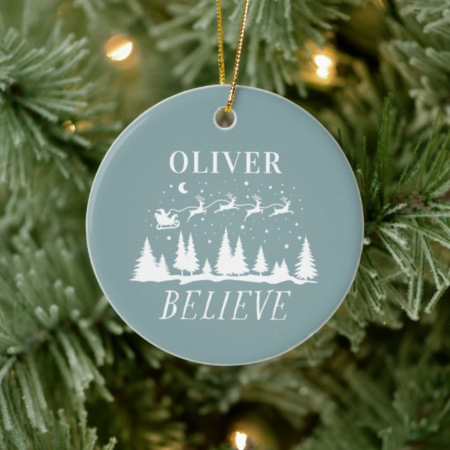 Santa believe Christmas traditional dusty blue Ceramic Ornament (Tree)