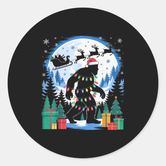Santa Bigfoot Christmas Lights Funny Sasquatch Bel Classic Round Sticker (Front)