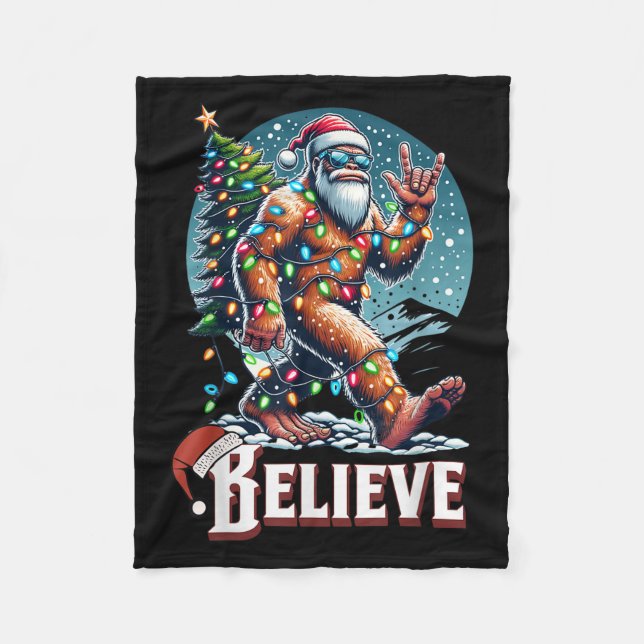 Santa Bigfoot Christmas Lights Funny Sasquatch Bel Fleece Blanket (Front)