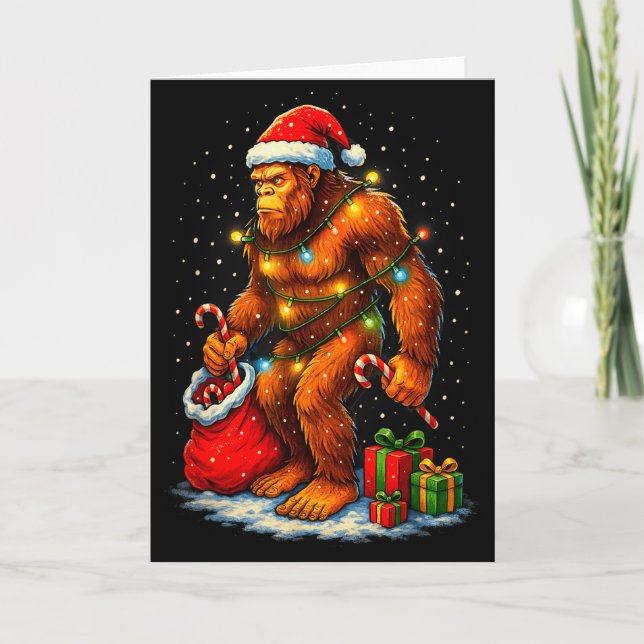 Santa Bigfoot Christmas Lights Funny Sasquatch  Card (Front)