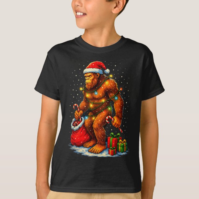 Santa Bigfoot Christmas Lights Funny Sasquatch  T-Shirt (Front)