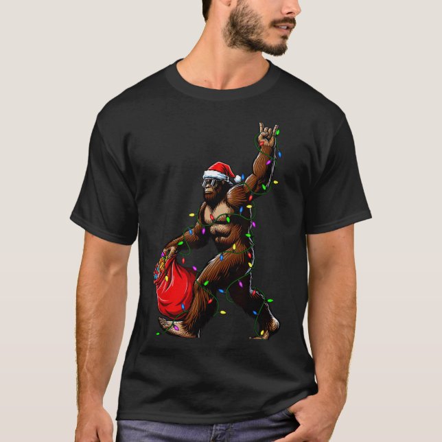 Santa Bigfoot Christmas Tree Lights Rock Funny Sas T-Shirt (Front)