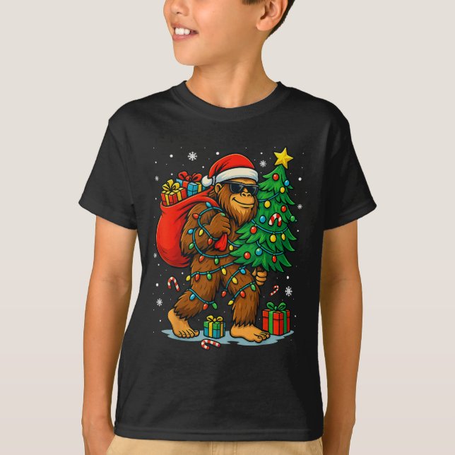 Santa Bigfoot Christmas Tree Lights Xmas Boys Men  T-Shirt (Front)
