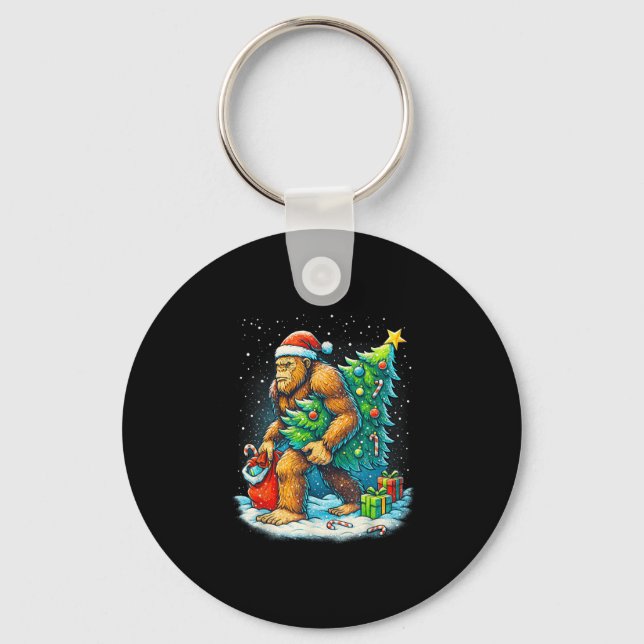 Santa Bigfoot Christmas Tree Sasquatch Xmas Lights Keychain (Front)