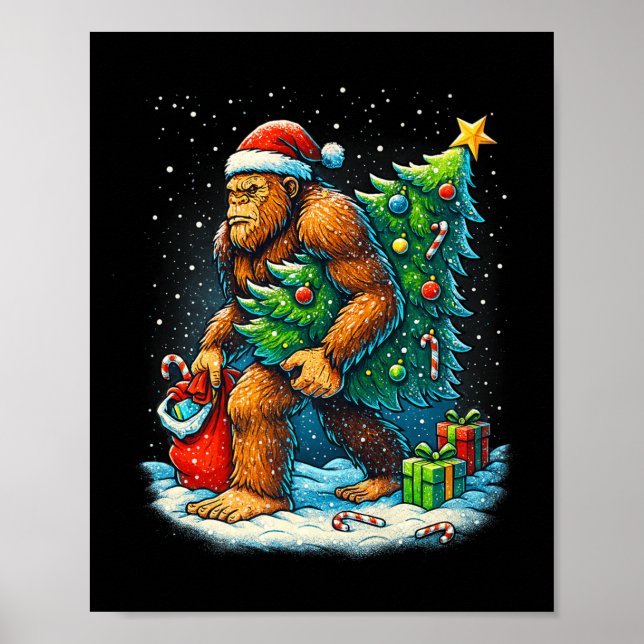 Santa Bigfoot Christmas Tree Sasquatch Xmas Lights Poster (Front)