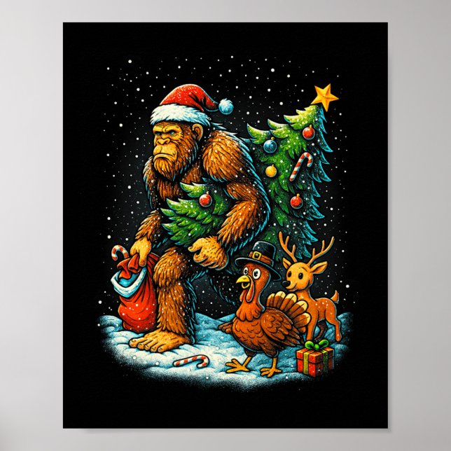 Santa Bigfoot Christmas Tree Turkey Reindeer Thank Poster (Front)