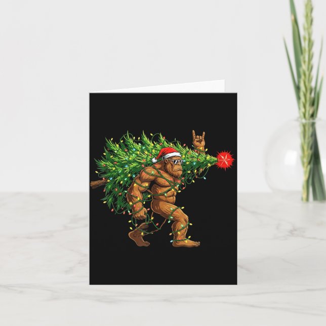 Santa Bigfoot Christmas Tree Xmas Lights Funny Sas Card (Front)