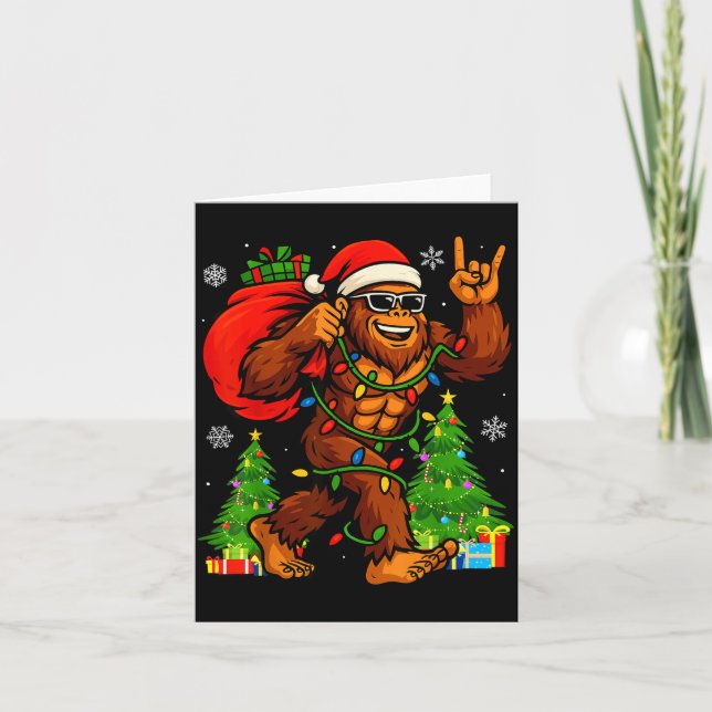 Santa Bigfoot Christmas Tree Xmas Lights Funny Sas Card (Front)