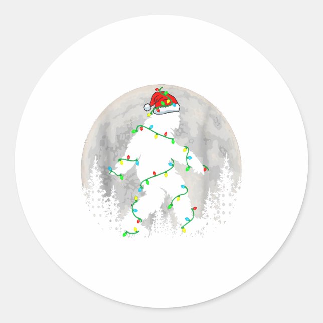Santa Bigfoot Christmas Tree Xmas Lights Funny Sas Classic Round Sticker (Front)