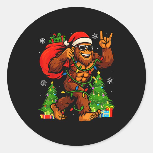 Santa Bigfoot Christmas Tree Xmas Lights Funny Sas Classic Round Sticker (Front)