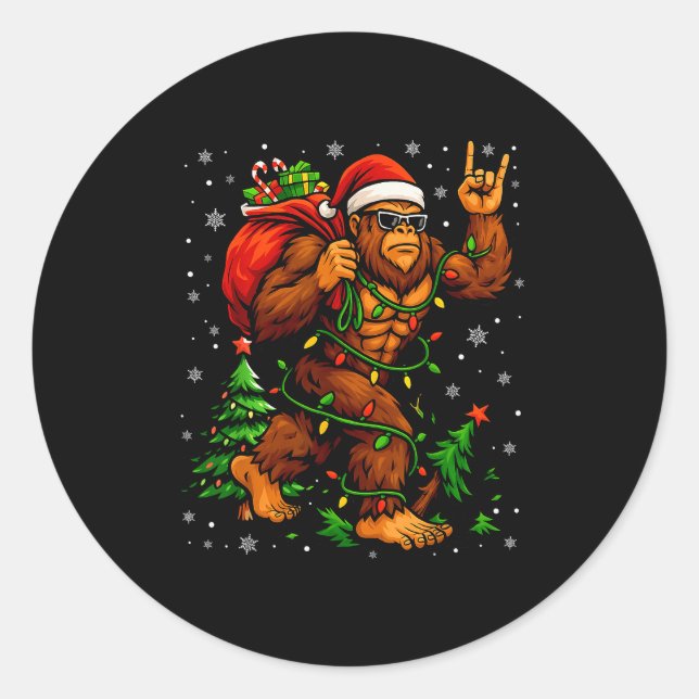 Santa Bigfoot Christmas Tree Xmas Lights Funny Sas Classic Round Sticker (Front)