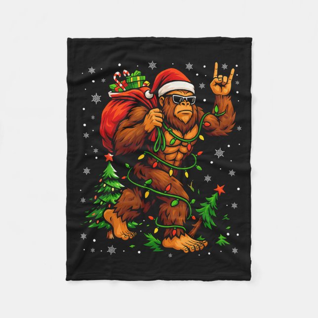 Santa Bigfoot Christmas Tree Xmas Lights Funny Sas Fleece Blanket (Front)