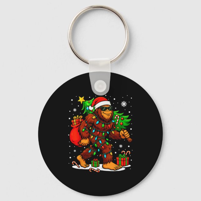 Santa Bigfoot Christmas Tree Xmas Lights Funny Sas Keychain (Front)