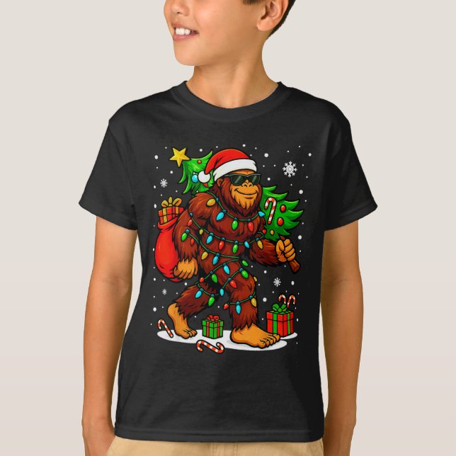 Santa Bigfoot Christmas Tree Xmas Lights Funny Sas T-Shirt (Front)