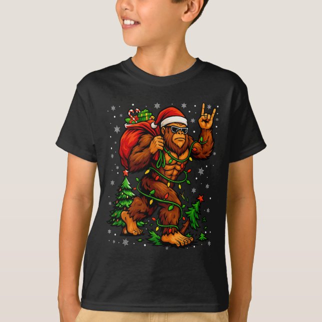 Santa Bigfoot Christmas Tree Xmas Lights Funny Sas T-Shirt (Front)
