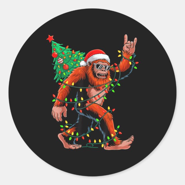 Santa Bigfoot Christmas Tree Xmas Lights Sasquatch Classic Round Sticker (Front)