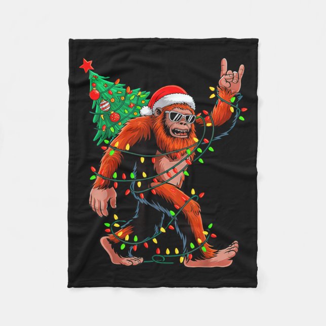 Santa Bigfoot Christmas Tree Xmas Lights Sasquatch Fleece Blanket (Front)