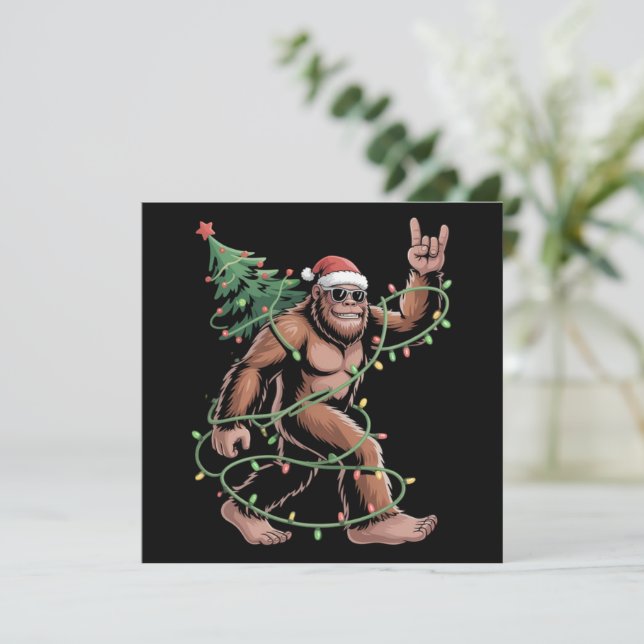 Santa Bigfoot Christmas Tree Xmas Lights Sasquatch Holiday Card (Standing Front)
