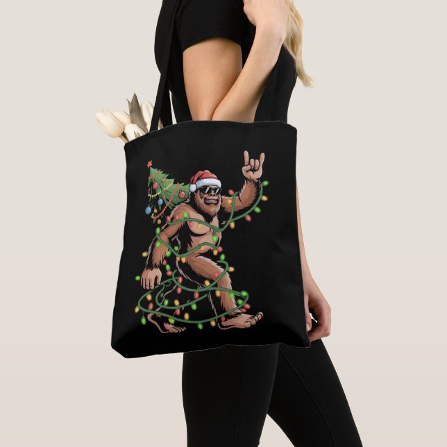 Santa Bigfoot Christmas Tree Xmas Lights Sasquatch Tote Bag (Close Up)