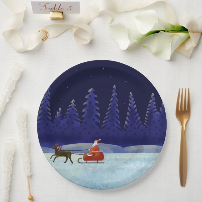 Santa birthday reindeer sledge Christmas Night Paper Plate (Wedding)