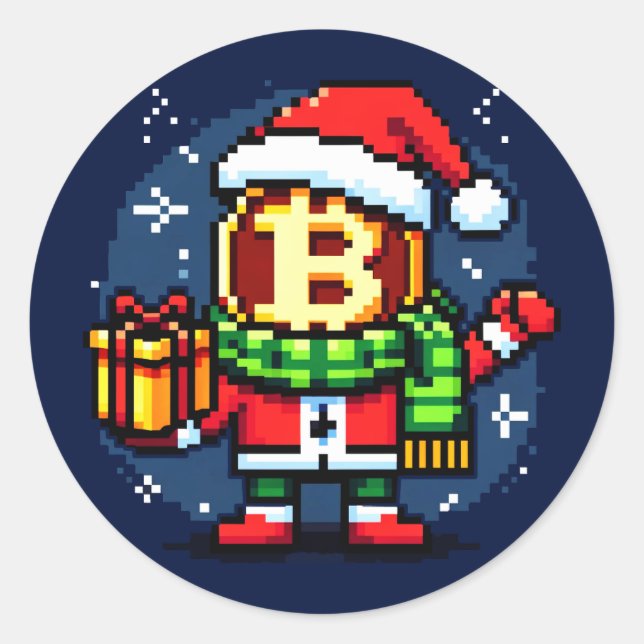 Santa Bitcoin: 8-Bit Crypto Holiday Classic Round Sticker (Front)