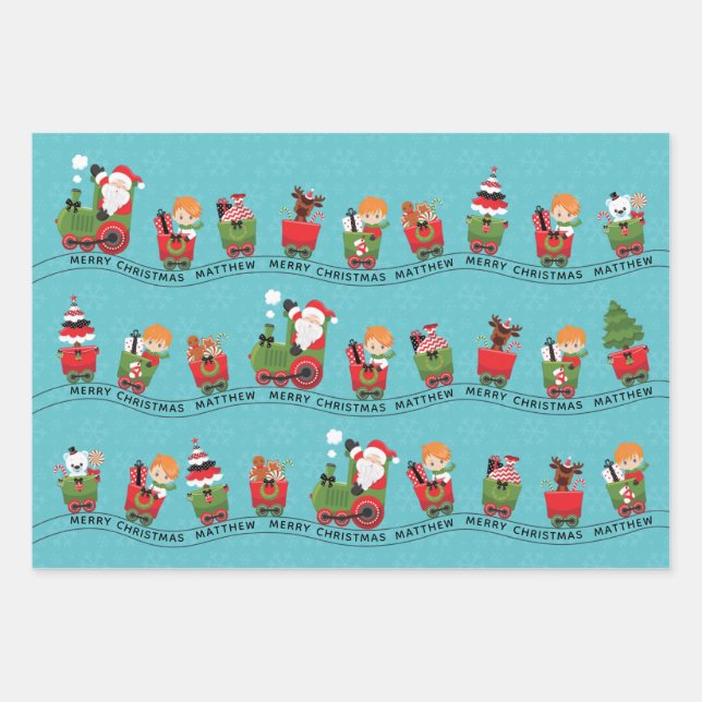 Santa & Black Boy on Train Wrapping Paper Sheet (Front)