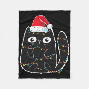 Santa Black Cat Tangled Up In Christmas Cat Lover Fleece Blanket
