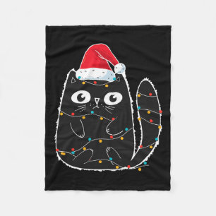 Santa Black Cat Tangled Up In Christmas Cat Lover Fleece Blanket