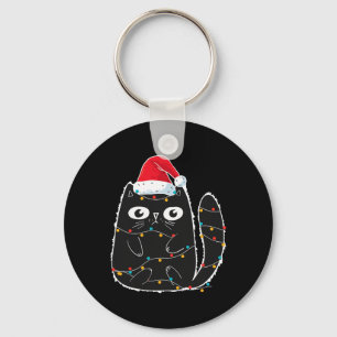 Santa Black Cat Tangled Up In Christmas Cat Lover  Keychain