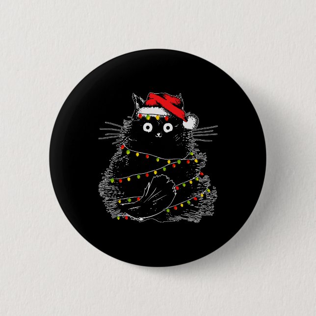 Santa Black Cat Tangled Up In Christmas Tree Light 2 Inch Round Button (Front)