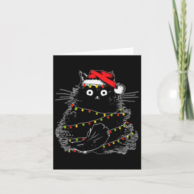 Santa Black Cat Tangled Up In Christmas Tree Light Card (Front)