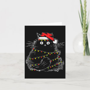 Santa Black Cat Tangled Up In Christmas Tree Light Card