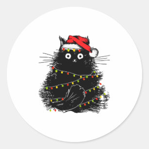 santa black cat tangled up in christmas tree light classic round sticker