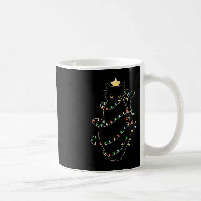 Santa Black Cat Tangled Up In Christmas Tree Light Coffee Mug (Right)