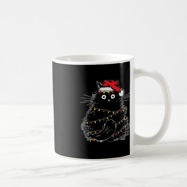 Santa Black Cat Tangled Up In Christmas Tree Light Coffee Mug (Right)