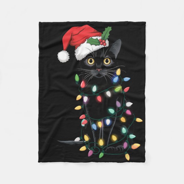 Santa Black Cat Tangled Up In Christmas Tree Light Fleece Blanket (Front)