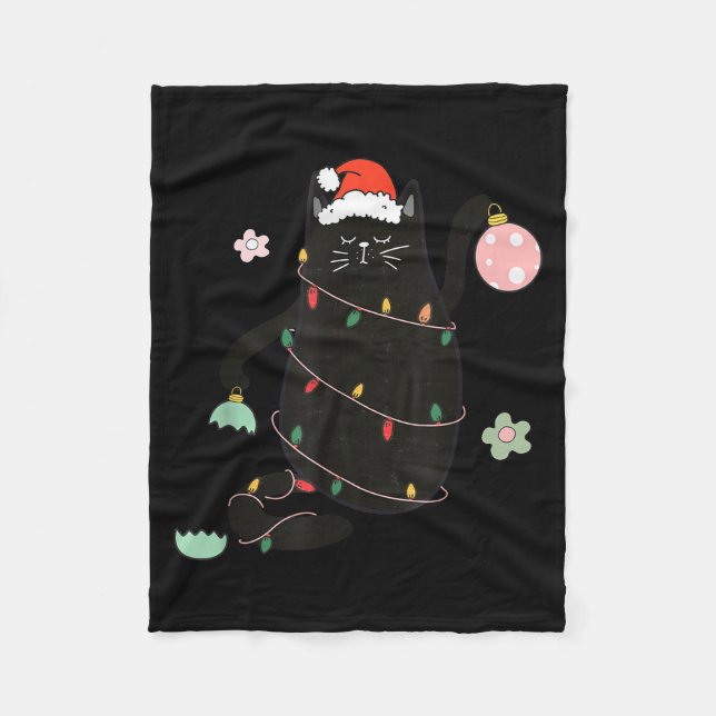 Santa Black Cat Tangled Up In Christmas Tree Light Fleece Blanket (Front)