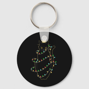 Santa Black Cat Tangled Up In Christmas Tree Light Keychain