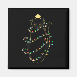 Santa Black Cat Tangled Up In Christmas Tree Light Magnet