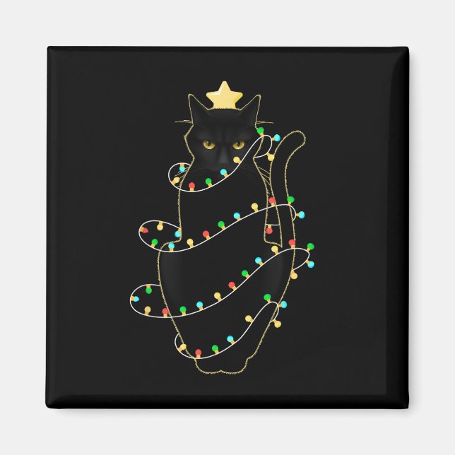 Santa Black Cat Tangled Up In Christmas Tree Light Magnet (Front)