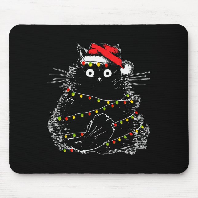 Santa Black Cat Tangled Up In Christmas Tree Light Mouse Pad (Front)